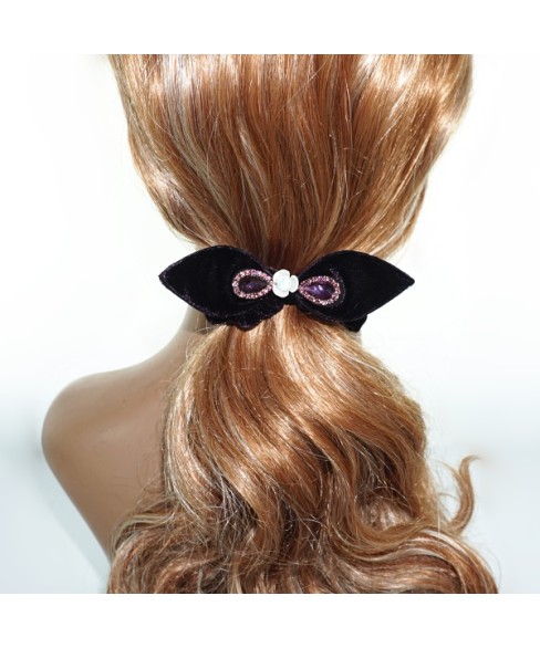 Silk Like Velvet Crystal Bow Ponytail Holder