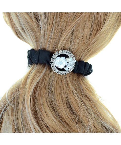 Crystal Flower Silk Like Stain Ponytail Holder