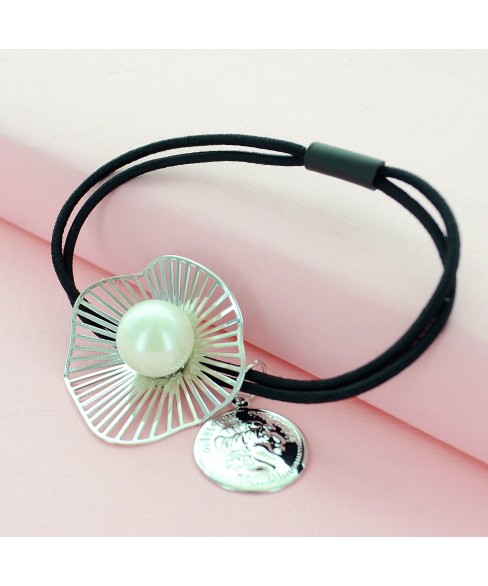 Faux Pearl Cutout Flower Ponytail Holder