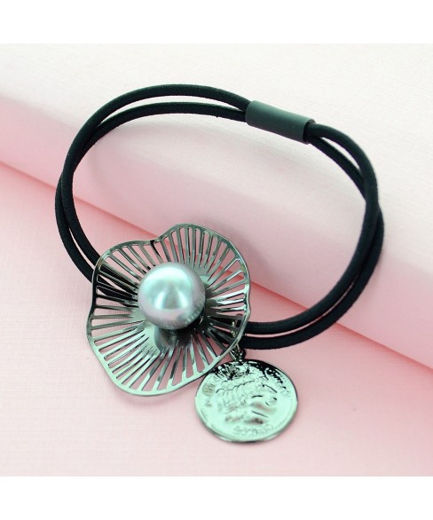 Faux Pearl Cutout Flower Ponytail Holder