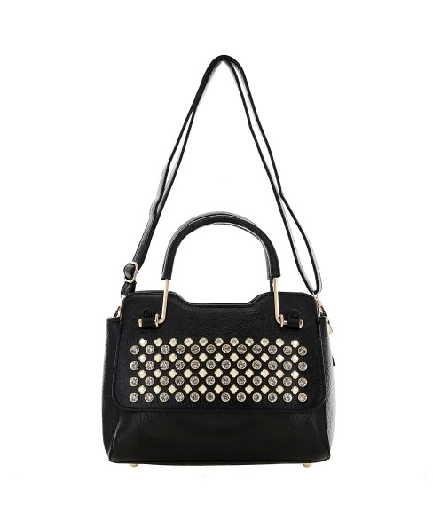 Crystal Studded Top Handle Faux Leather Satchel