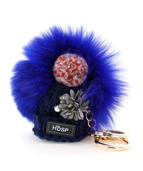 Knit Hat With Genuine Rabbit Fur Pompom Key Chain