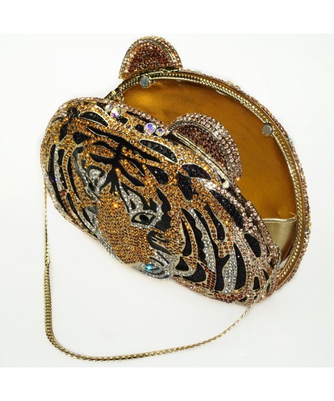 Crystal-Embellished Tiger Head Evening Clutch