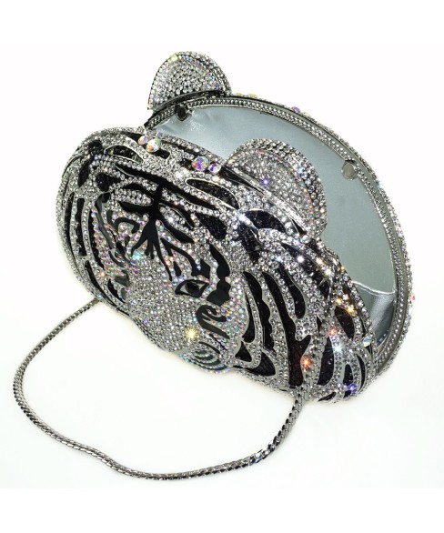 Crystal-Embellished Tiger Head Evening Clutch