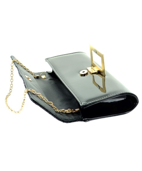 Glitter & Buckle Faux Patent Leather Clutch