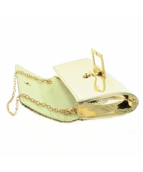 Glitter & Buckle Faux Patent Leather Clutch