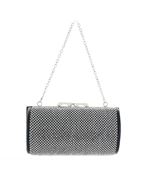 Women Rhinestone Crystal Mesh Cylinder Clutch Bag