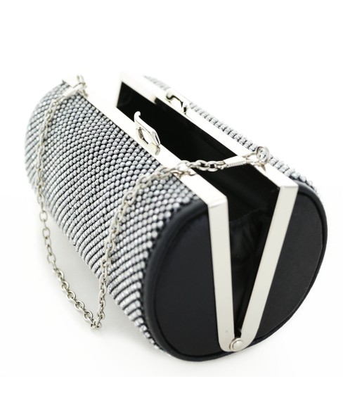 Women Rhinestone Crystal Mesh Cylinder Clutch Bag