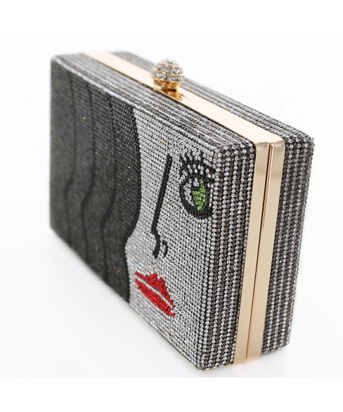 Crystal-Embellished Rhinestone Face Clutch Bag