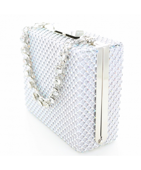 Rhinestone-Embellished Crystal Handle Box Clutch