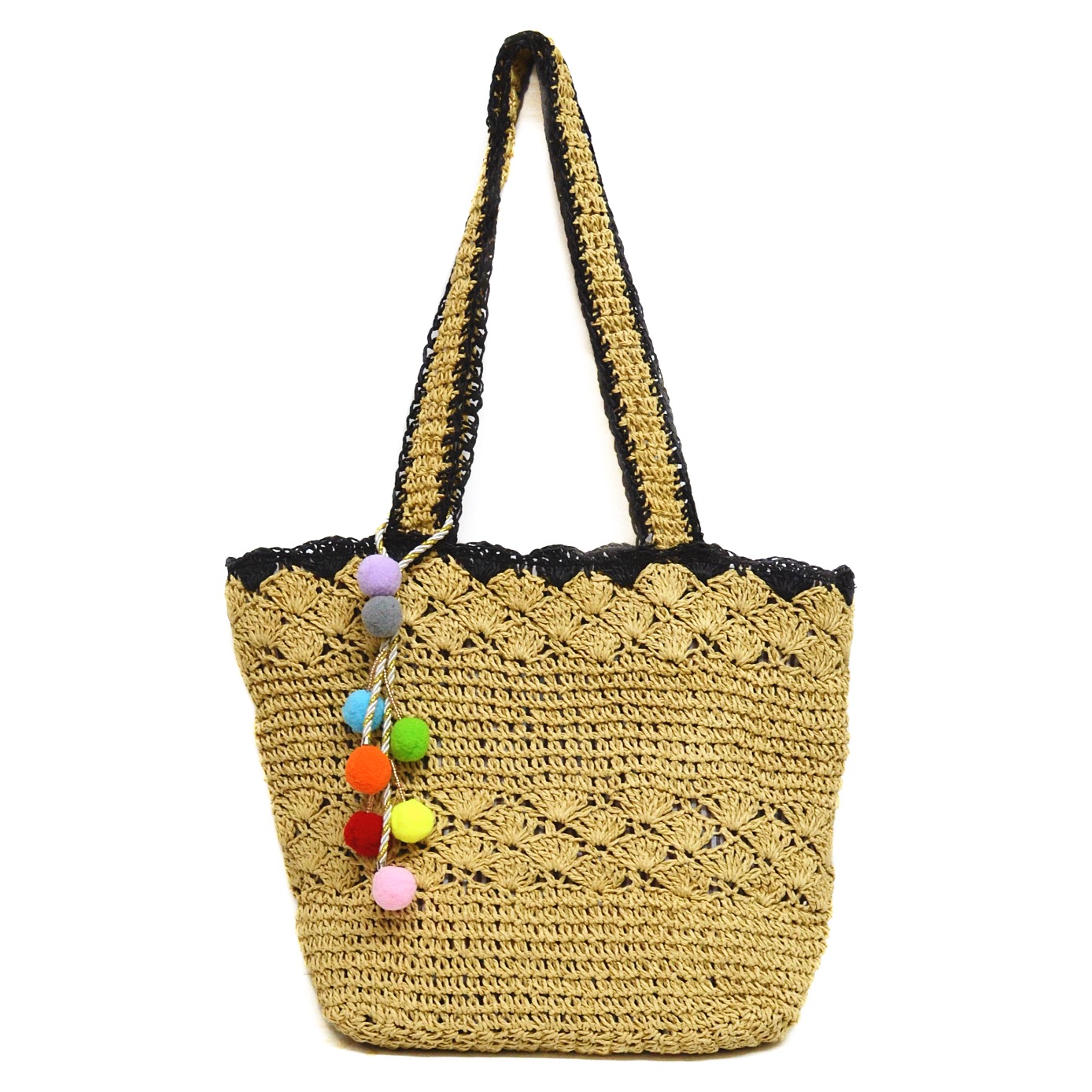 Straw Woven Tote with Pom Charms | 438010-210 | eSwanNY